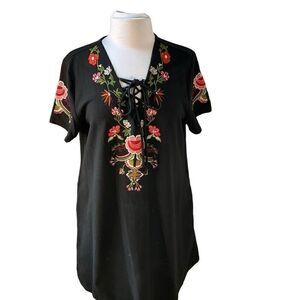 Umgee Black Embroidered Tshirt Minidress Coverup Tunic. Pockets! Large. Pretty!